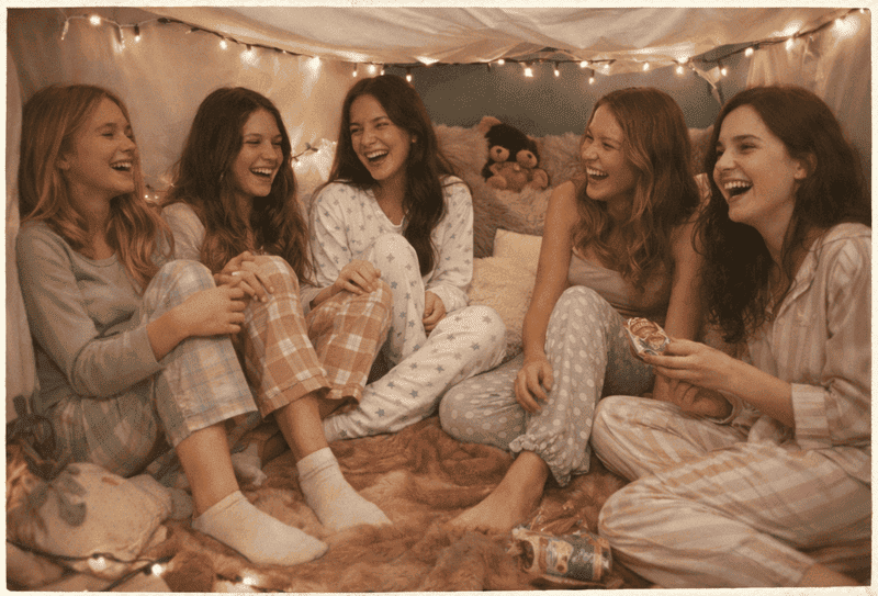 Imagem de amigas dentro de cabana na sala como uma das coisas para fazer em casa com as amigas nas férias