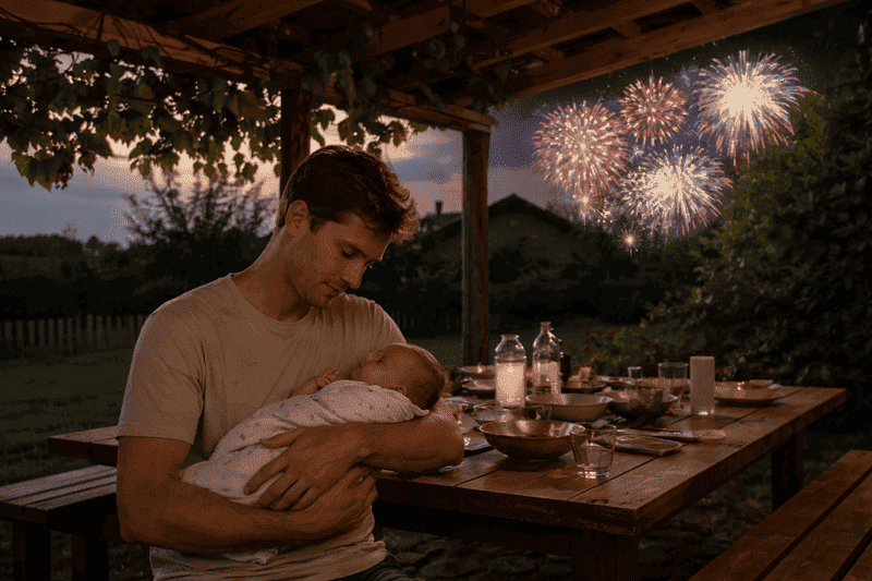 Imagem de pai segurando bebê calmo e aprendendo como proteger o bebê do barulho dos fogos de artifício